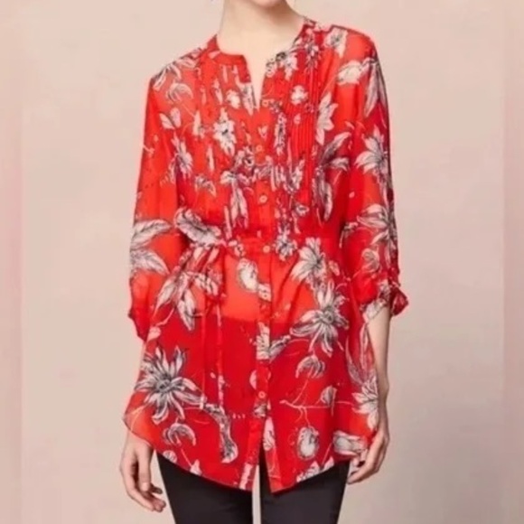 ANTHROPOLOGIE Leifsdottir Cattleya Floral Silk Top, Size 8 - Picture 1 of 14